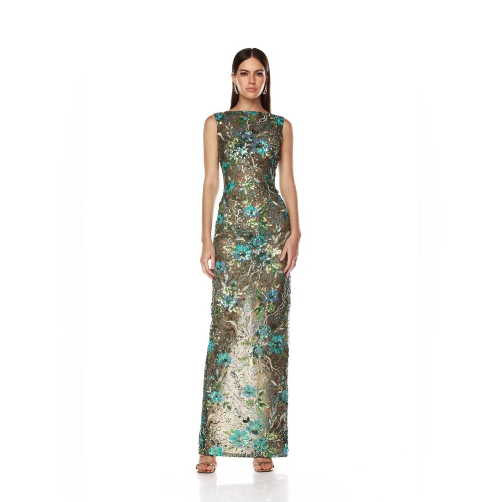 NWOT BRONX AND BANCO Violet Teal Maxi Dress , Elegant Floral Evening Gown